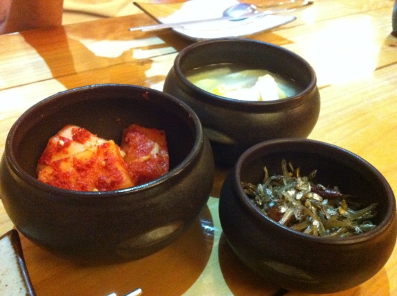 Side dishes: Traditional radish kimchi, water kimchi & little ikan bilis w/ almond